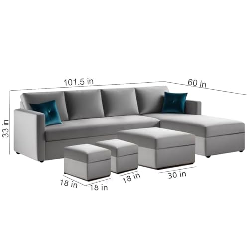 Image of FURNY Arno 8 Seater Fabric RHS L Shape Sofa Set with 1 Centre Table & 2 Ottomans (Light Grey)