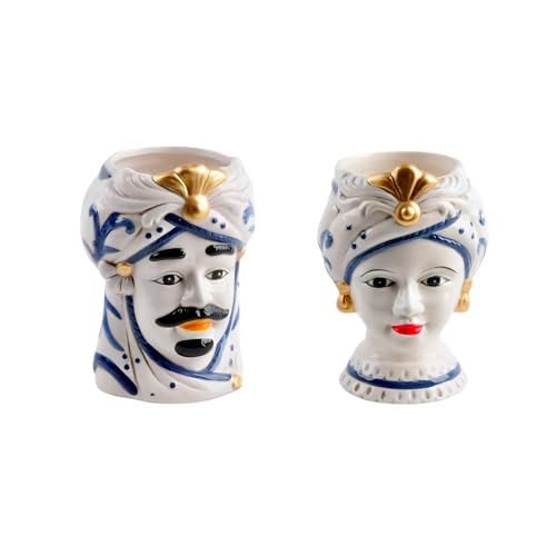 Teste di Moro Coppia Re e Regina Caltagirone, Stile Ceramiche Siciliane, Vaso Testa di Moro in Ceramica Bianco e Blu 12x18 cm