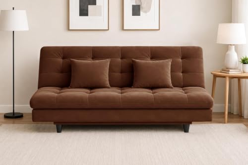 Image of Velvet Fabric Wooden 3-Seater Apsen Sofa Bed with Tufted Couch with Adjustable Backrest- Living Room Furniture-Brown-Color