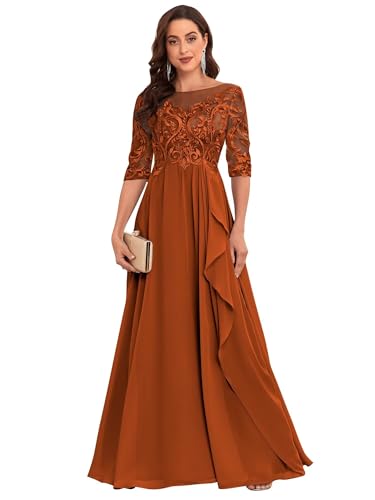 HTBVGO Lace Appliques Burnt Orange Mother of The Bride Dresses for Women Long Sleeve Chiffon Wedding Guest Dresses Size 12