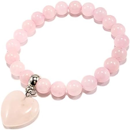 Pink Heart Charm Natural Stones Bracelet Rose Quartz Birthstone Women Bracelet Yoga Chakra Bracelet Anti-Stress Anti-Anxiety Gemstones Jewerly (rose-quartz)