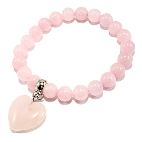Pink Heart Charm Natural Stones Bracelet Rose Quartz Birthstone Women Bracelet Yoga Chakra Bracelet Anti-Stress Anti-Anxiety Gemstones Jewerly (Rose-Quartz) #TOP4