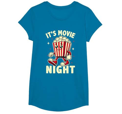 It's Movie Night Retro Family Movie Night T-Shirt, Girls, Sapphire Blue, Medium