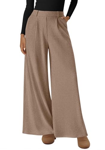 BTFBM Wide Leg Pants for Women Dressy Work Business Casual Elastic High Waisted Trousers Ribbed Lounge Palazzo Pants(Khaki, Small)