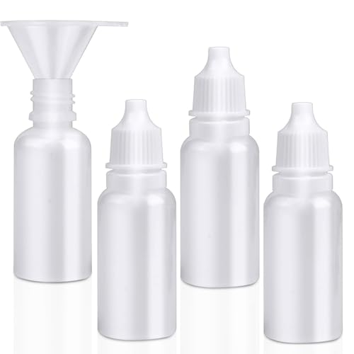5-Pack Plastic Dropper Bottles 15ml/0.5oz - 4 Bottles + 1 Funnel - Empty, White Eye Dropper Bottles for Liquid -Squeezable & Portable Travel Containers for Eye Drops, Refillable with Cap and Plug