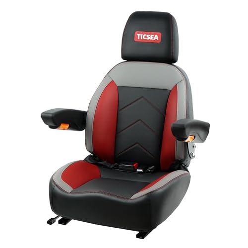 TICSEA Universal Tractor Seat Forklift Seat with Retractable Seatbelt and Adjustable Backrest Headrest Armrests Compatible with Toro Gravely Bad Boy Kubota Zero Turn Mowers (Black-Red)