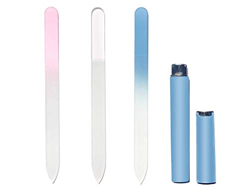 Aoshang 3 Pack Glass Nail File, Crystal Nail File Double Sided Etched Filing Surface Finger Nail Files, Professional Manicure/Pedicure Nail Care Tool for Natural Nails with Case ?Blue?Sliver?Pink?