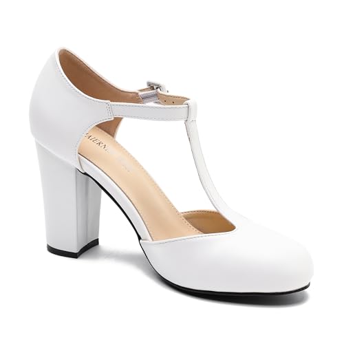 Women's T-Strap Mary Jane Pumps, Chunky Heel, Vintage Style, Cut Out, 3.54 Inch Round Toe Dress Shoes Matte White US 9.5 by MAIERNISI JESSI - Used condition - Image 6