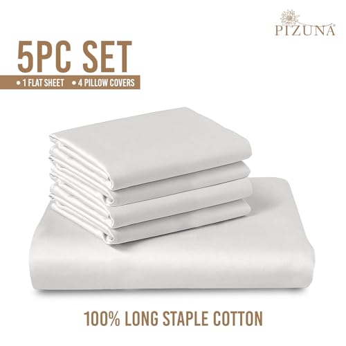 Image of Pizuna 100% Cotton Bedsheet Super King Size White, 800 Thread Count Long Staple Combed Cotton Flat Bedsheets 108x108 Inches with 4 Pillow Covers, Bed Sheet for Super King Size Bed
