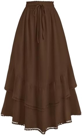 HUSKARY Maxi Skirts for Women Summer Fall High Waist Drawstring L...