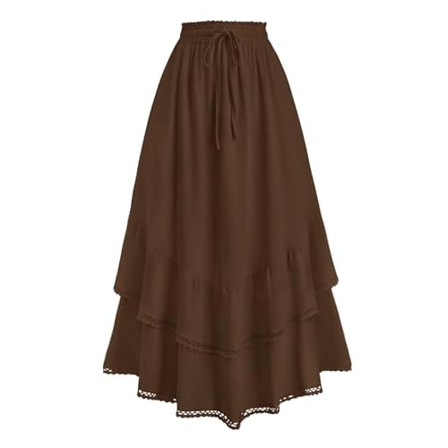 HUSKARY Maxi Skirts for Women Summer Fall High Waist Drawstring Long Skirt Ruffle Layered Medieval Skirts with Pockets Brown Medium