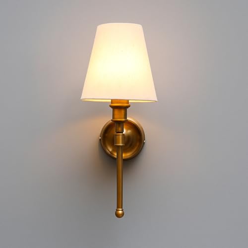 Image of AKWAY Antique Brass Finish Wall Lamps for Living Rooms with Bamboo Shade | Rattan and Cane Wall Lights for Bedroom | Wicker Wall scones - (Fabric Conical - Devika)
