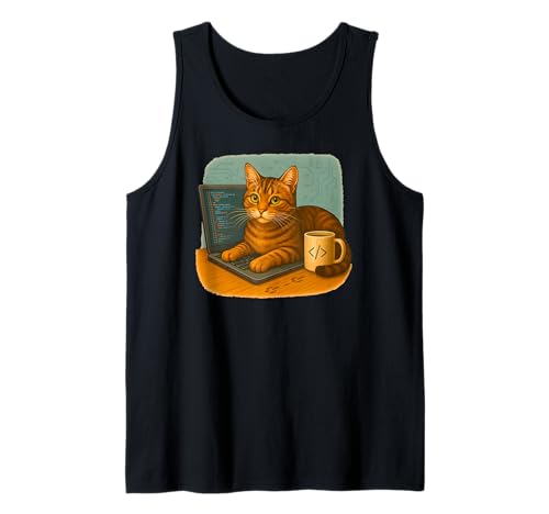 Katze, Kaffee, Code und Laptop Nerd Geek IT Humor Tank Top