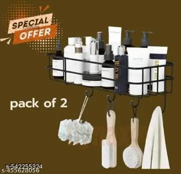 (PACK OF 2) Steel Self-Adhesive Multipurpose Bathroom Shelf with Hooks/Towel Holder/Rack/Bathroom Accessories-Wall Mount - Pack|Design - for home and kitchen 1