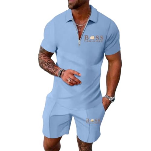 RUMAOZIA Chándal para hombre de 2 piezas, traje de verano con letras creativas, traje deportivo, camisa de negocios, informal, traje de verano, traje de joggy, traje casual Y2k Streetwear, azul claro,