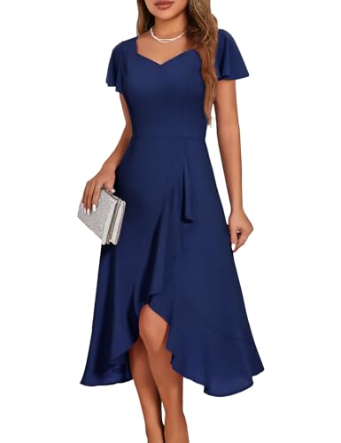 Image of HomRain V Neck Formal Wedding Guest Dresses for Women Ruffle Sleeves for Cocktail Graduation Modest Dress