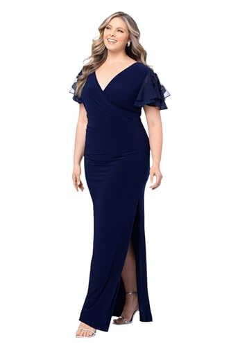 Image of Betsy & Adam Women's Plus Size V Neck Sequin Short Sleeve Jersey Knit Side Slit Dress, Navy, 14W