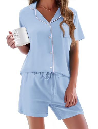 Image of Ekouaer Pajamas Set for Women Short Sleeve Sleepwear Button Down Pjs Soft 2 Piece Lounge Sets XS-XXXL