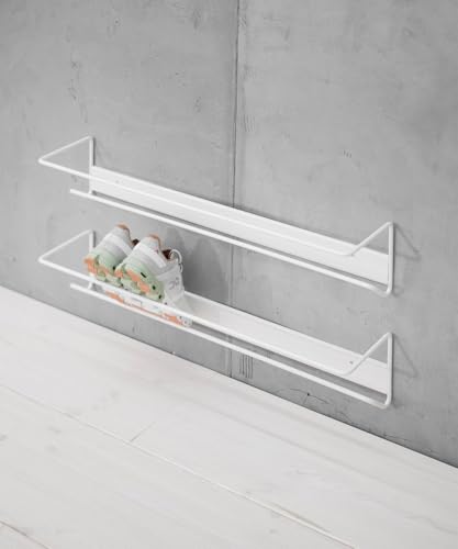 Image of Wall Mounted Shoe Rack | Metal Shoe Organizer | Vertical Entryway Storage | Minimalist Floating Shoe Shelf for Narrow Hallways, Closets & Doors (White)