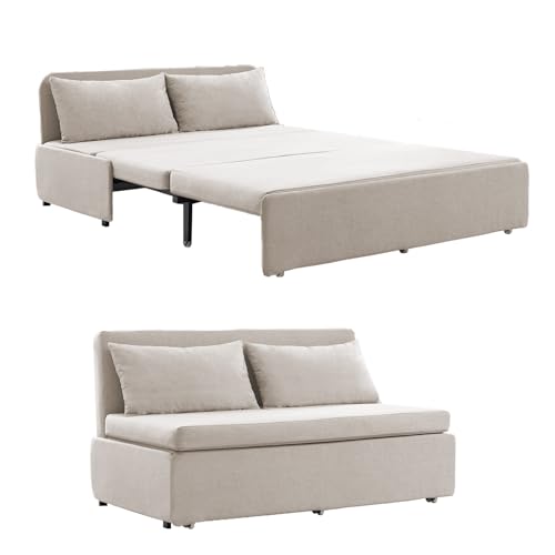 Image of BALUS 64 inch W Queen Size Pull Out Sleeper Sofa Bed Couch with Pullout Bed, 2 in 1 Convertible Linen Loveseat Sofa Sleepers with Pillows and Tri-fold Mattress for Small Space Loft Home Office, Beige