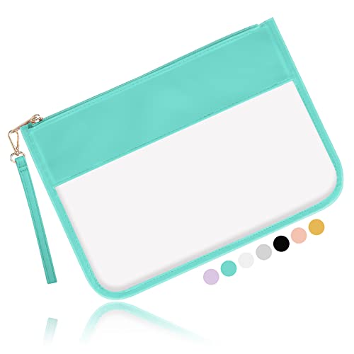 Iqimott Clear Zipper Pouch, DIY Clear Makeup Cosmetic Bag Purse for Women Girls, Chenille Letter Travel Toiletry Bag(Green)