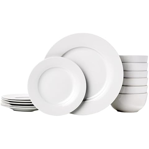 Amazon Basics 18-Piece White Dinnerware Set, Plates, Bowls, Service for 6 Cover