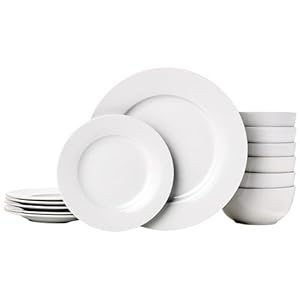 Amazon Fundamentals 18-Piece Kitchen Dinnerware Set Cx01Bi Porcelain Spherical White Strong 6 Dishware Place Setting