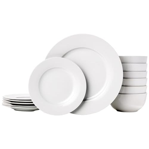 Amazon Basics Kitchen Dinnerware Set, Microwave and Dishwasher Safe, Plates, Bowls, Service for 6, 18-Piece, White