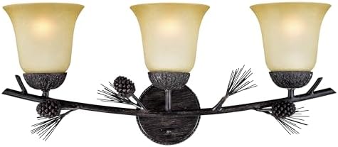 VAXCEL Sierra 3-Light 24 inch Wide Black Walnut Rustic Bathroom Vanity Lighting Fixture, Creme Cognac Glass Shade, Dimmable, LED Compatible, Pine Cone, Reversible Over The Mirror Mounted Wall Sconce