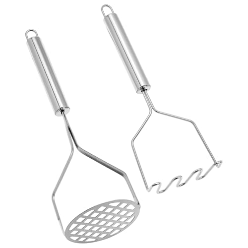 QWORK 2 Pcs Potato Masher Set, Heavy Duty Stainless Steel Kitchen Tool with Regular Round Hole and Large Gaps