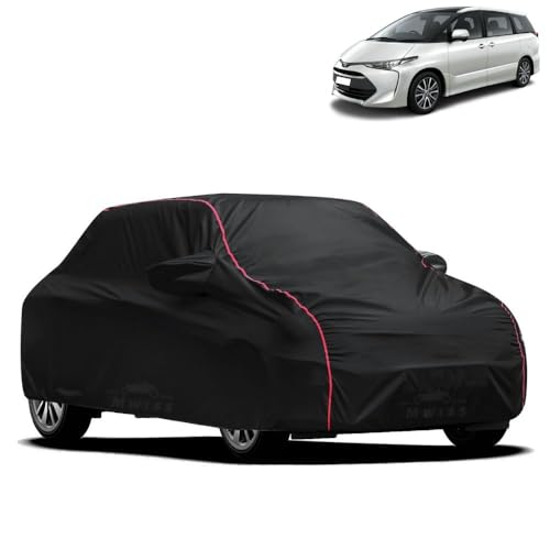 Image of Waterproof Car Cover for Toyota Previa | All-Weather Protection, Dustproof & UV Resistant | Triple Stitched Mirror Pockets, Windproof Buckle Strap with Elastic Hem, Black-Red Piping