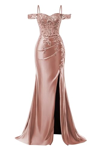 Image of Mermaid Satin Prom Dresses 2026 Lace Applique Off Shoulder Formal Evening Gown with Slit