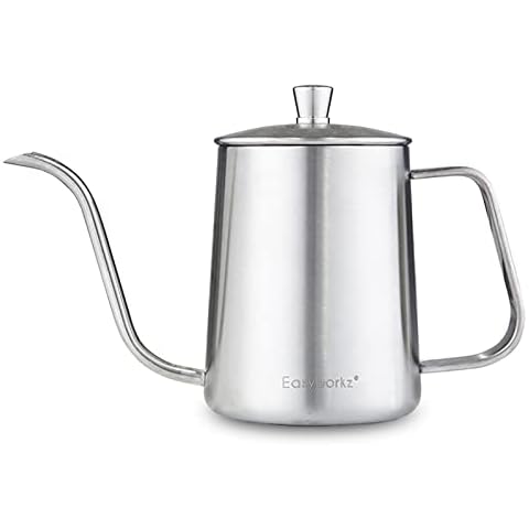 Easyworkz Gage Gooseneck Pour Over Coffee Kettle 12 oz Stainless Steel Hand Drip Long Narrow Spout, Silver Cover