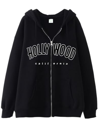 Womens Casual Winter Jacket Trendy Zip Up Hoodies Sweatshirts Teen Girls Long Sleeve Hollywood Letter Coat Loose Fit