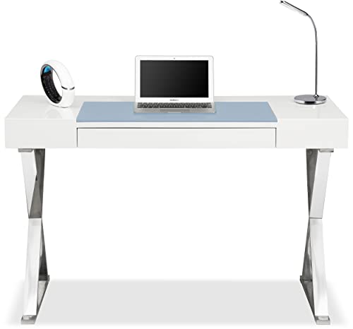 Homeology ADONIS - Escritorio ergonómico para oficina en casa, color blanco y azul claro con almohadilla de cuero de lujo incorporada Cover