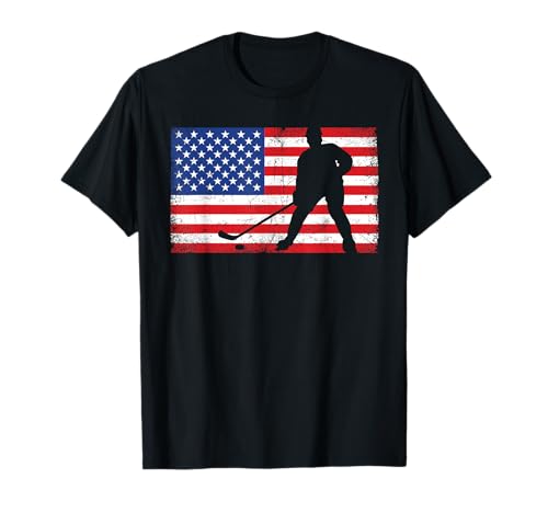 Red White Blue USA Flag Ice Hockey Player 4th of July T-Shirt