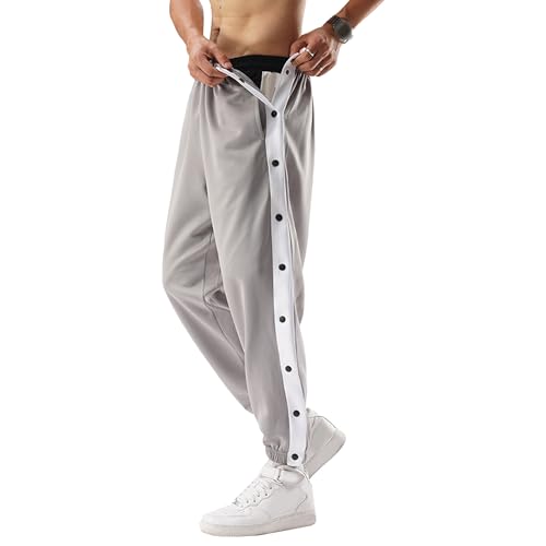 Mens Tear Away Athletic Pants High Side Split Snap Buttons Striped Sweatpants Casual Workout Wear for Jogging