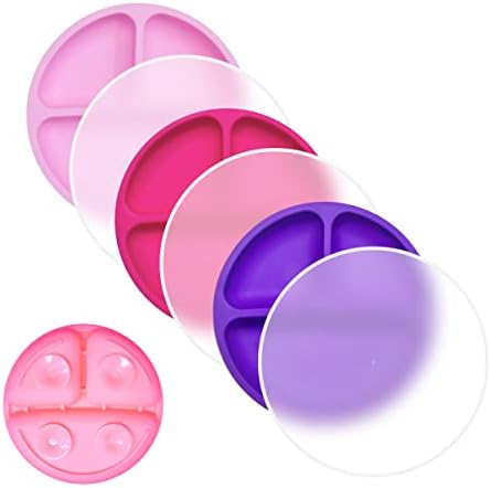 PlusLove Silicone Suction Plate– 100% Silicone Baby Plate, Toddler Plate, Kid Plates, Divided Plate With Suction Feature |Baby Led Weaning Plate| 3 Pack (Hot Pink, Purple, Pink, With Lids)
