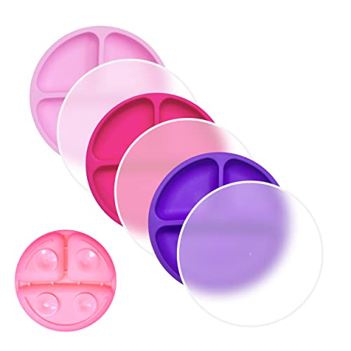 Pluslove Silicone Suction Plate– 100% Silicone Baby Plate, Toddler Plate, Kid Plates, Divided Plate With Suction Feature |Baby Led Weaning Plate| 3 Pack (Hot Pink, Purple, Pink, With Lids) #TOP29