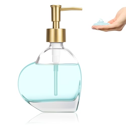 UHEY HOME Glass Soap Dispenser Bathroom Heart-Shaped 6.7oz Refillable Liquid Soap Dispenser with Rust-Proof Plastic Pump for Kitchen