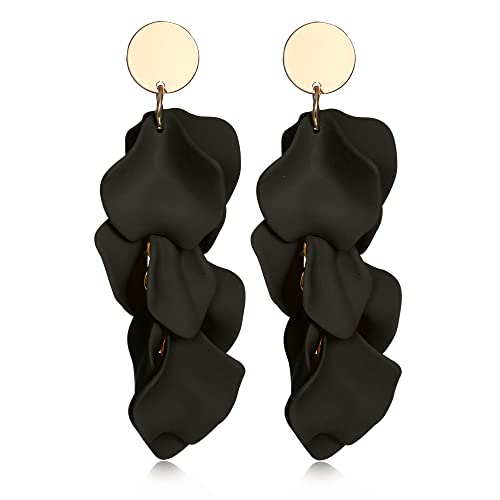 THUNARAZ Acrylic Clip on Earrings for Women Long Rose Petal Earrings Dangle Exaggerated Flower Earrings Drop Statement Floral Tassel Earring