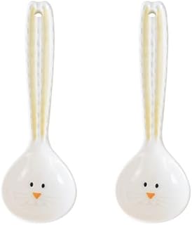 (2 Pieces) Cute Cartoon Embossed Ceramic Long Spoon Kitchen Tool Small Spoon Coffee Spoon High Temperature Ceramic Breakfast Ritual Spoon (White)