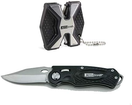 ACCUSHARP Folding Knife and Sharpener Set - Lockback Folding Pocket Knife & Pocket Knife Sharpener Combo Pack - Stainless Steel Hunting Knife for Outdoor Use, Hunting, Fishing, & Camping - Black