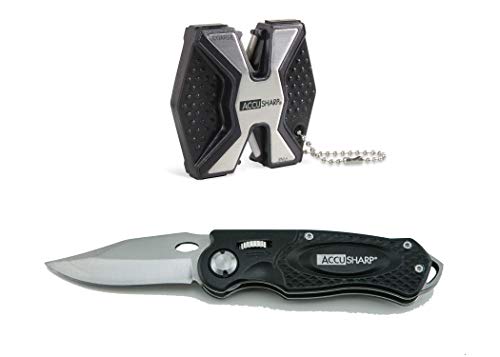 Accusharp Folding Knife And Sharpener Set - Lockback Folding Pocket Knife & Pocket Knife Sharpener Combo Pack - Stainless Steel Hunting Knife For Outdoor Use, Hunting, Fishing, & Camping - Black #TOP30