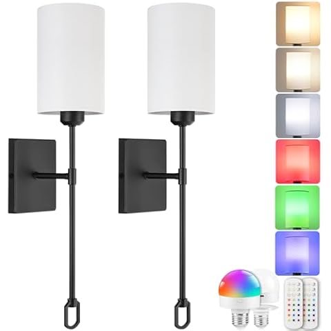 GOEBLESON Battery Operated Wall Sconces Set of 2 with Remote, Wireless Wall Sconce with 2 Dimmable RGB LED Bulbs, Rechargeable Wall Lamps, Not Hardwired Wall Lights, Linen Shade, Black B04YBP205 Cover