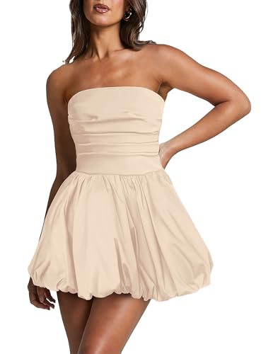 Image of Women's Strapless Bubble Mini Dress Tube Top Ruched Bow Tie Back Party Cocktail Dresses
