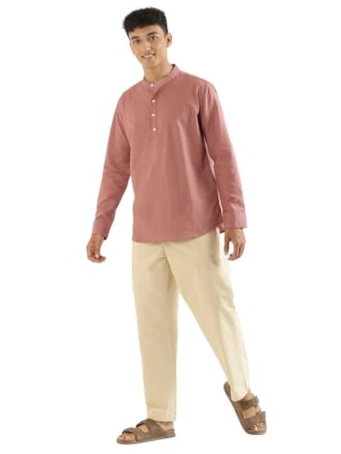 Image of SAADAA Men's Short Kurta - Linen Cotton Blend, Airy Fabric, Regular Fit, Mandarin Collar, Solid Color - Casual, Festive & Ethnic Wear