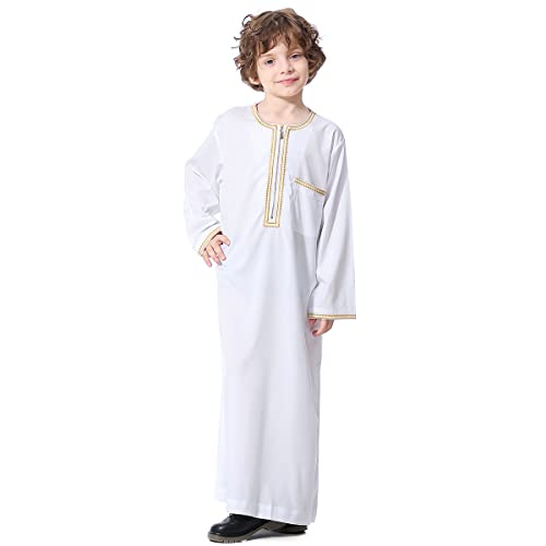 Imekis Kids Thobe For Boys Muslim Arab Boy's Islamic Dress Thobes Youth Long Sleeve Kaftan Embroidered Robe Arabic Full Length Solid Color Embroidery Prayer Clothes With Pockets White 4-5T #TOP8