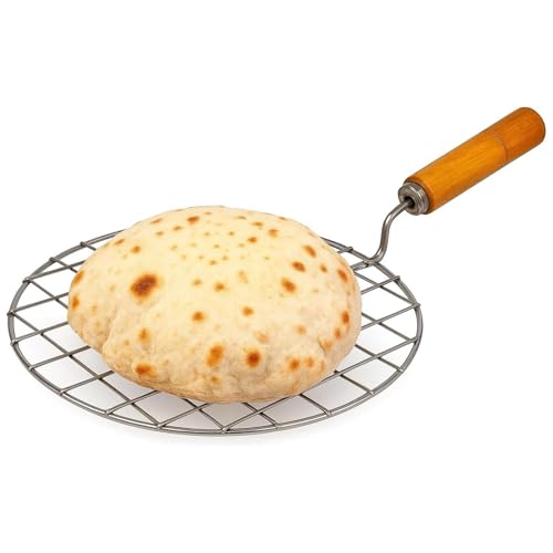 AnNafi® Wire Rack for Cooking Roti, Chapati & Bread | Stainless Steel Cooking Wire Rack for Gas Stove Roasting | BBQ & Barbecue Grilling Rack Mesh with Wooden Handle | Phulka & Papad Roaster