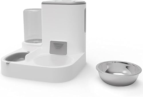 Wnicek 自動給水器 猫 自動給餌器 自動えさやり器 2 in 1 オートフィーダー 自動給餌給水器一体型 ペット用食器 大容量 水洗い可能 お手入れ簡単 工具不要 簡単設置 自動補給 (グレーです)